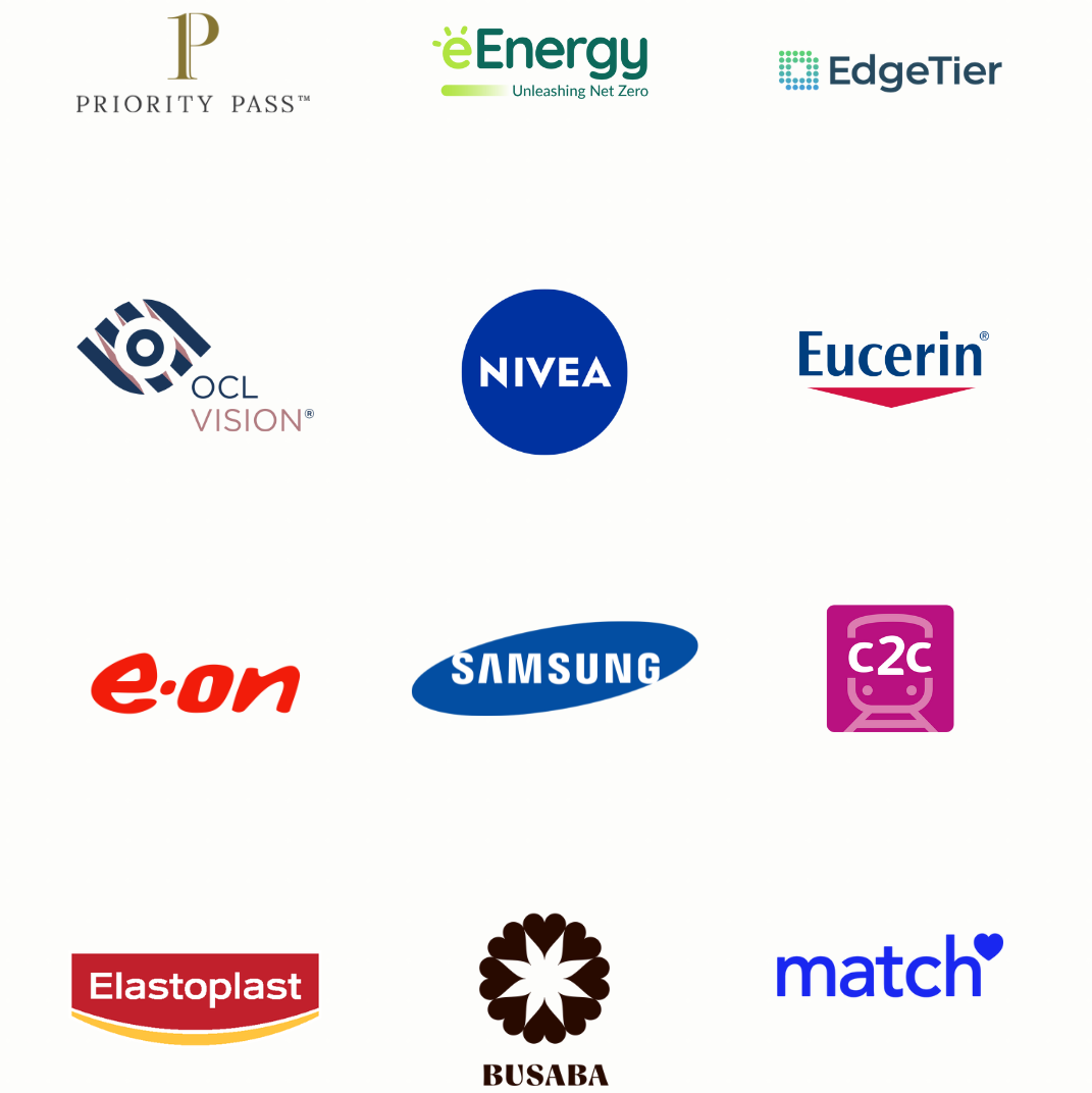 Logos of various companies including Priority Pass, eEnergy, EdgeTier, OCL Vision, NIVEA, Eucrin, e-on, Samsung, C2C, Elastoplast, Busaba, and Match.